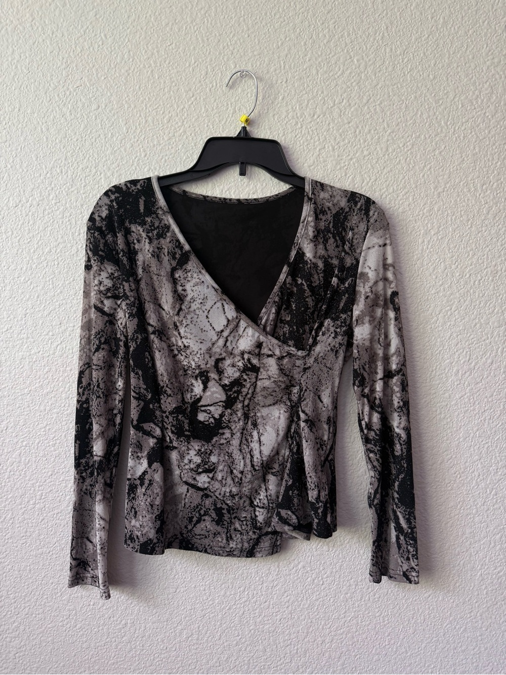 Black & Gray Marble Print Wrapped Long Sleeve Top